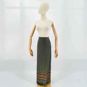 Vintage 90s Tasha Polizzi Wool Olive Southwest Fringe Wrap Maxi Skirt